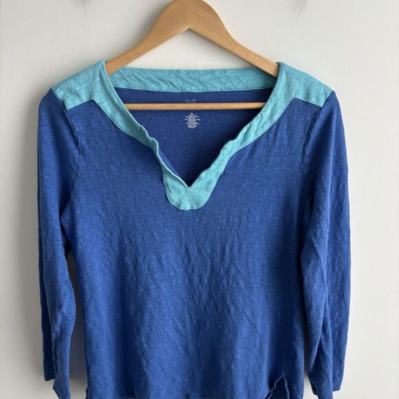 Saks Fifth Avenue Womens XL Linen Top Blue Preppy Coastal 3/4 Sleeve Knit Tee - Picture 7 of 7